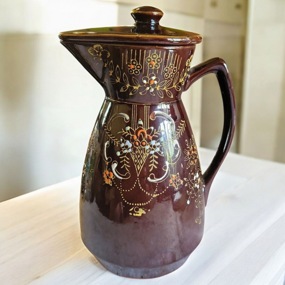 Vtg 1940 Redware Pitcher Brown Japanese Moriage Hand Painted Gold Accent 6.5"